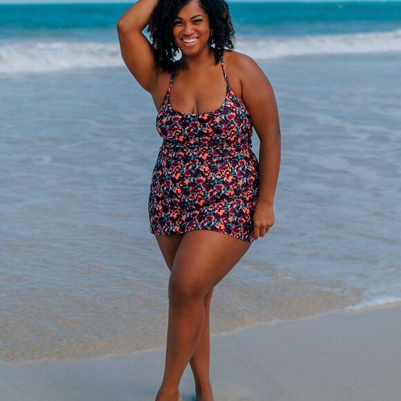 Land's End Red Andie Tugless Fiji X back swim dress dark wine abstract floral S - Picture 5 of 8